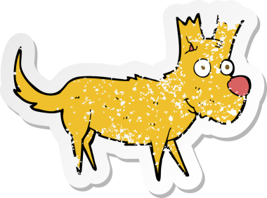 Bir insan tarafından çizilmiş küçük sevimli bir köpeğin gerilmiş çıkartması.