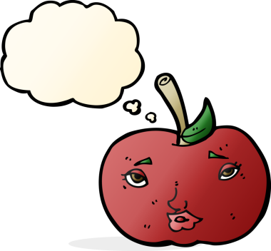 bir insan tarafından çizilmiş, yüzü düşünce baloncuğu olan çizgi film elması
