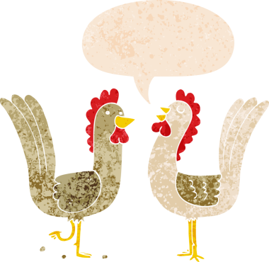 Bir insan tarafından çizilmiş grunge dertli retro tarzı konuşma baloncuğu olan çizgi film tavukları.