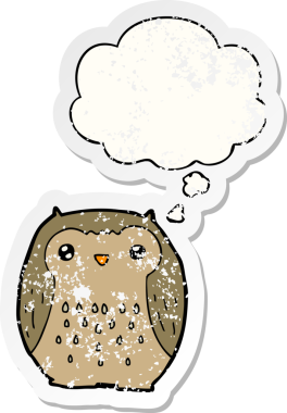 Düşünce baloncuğu olan sevimli çizgi film baykuşu bir insan tarafından çizilmiş yıpranmış bir çıkartma.