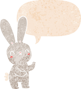 Konuşması kabarcıklı şirin çizgi film tavşanı bir insan tarafından çizilmiş dertli retro tarzı.