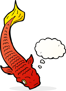 Bir insan tarafından çizilmiş düşünce baloncuklu çizgi film balığı.