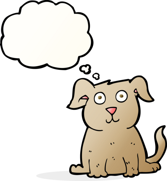 Bir insan tarafından çizilmiş düşünce balonlu mutlu bir köpek.