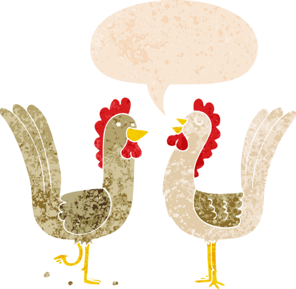 Bir insan tarafından çizilmiş grunge dertli retro tarzı konuşma baloncuğu olan çizgi film tavukları.