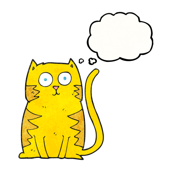 Bir insan tarafından çizilmiş serbest çizim düşünce kabarcığı desenli çizgi film kedisi