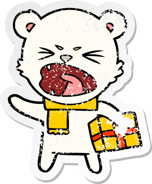 Kızgın bir kutup ayısının sıkıntılı çıkartması. Bir insan tarafından çizilmiş Noel hediyesi.