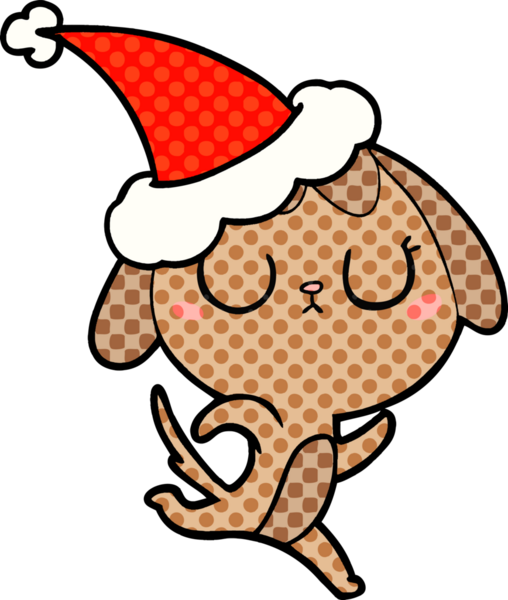 Bir insan tarafından çizilmiş Noel Baba şapkası takan bir köpeğin çizdiği çizgi roman çizimi.