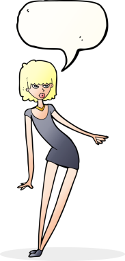 Bir insan tarafından çizilmiş konuşma baloncuğuyla eğilmiş bir karikatür kadın.