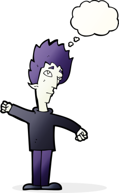 Bir insan tarafından çizilmiş düşünce balonlu vampir adam.