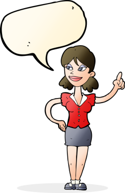 Bir insan tarafından çizilmiş bir konuşma balonuyla harika bir fikri olan karikatür kadın.