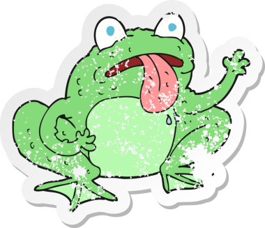 Bir insan tarafından çizilmiş karikatür kurbağasının gerilemiş çıkartması.