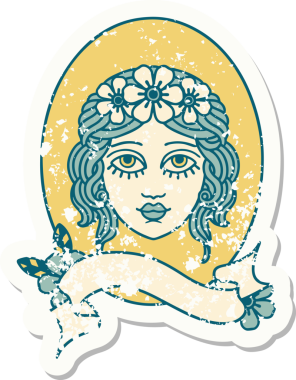 Üzerinde bir insan tarafından çizilmiş saçlarında çiçekler olan bir bakirenin sancağı olan eski bir etiket.