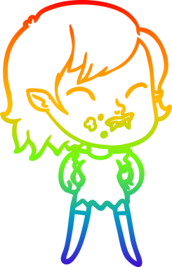 Gökkuşağı gradyan çizgisi. Bir insan tarafından çizilmiş yanağında kan olan vampir bir kız çizgi filmi.