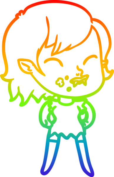 Gökkuşağı gradyan çizgisi. Bir insan tarafından çizilmiş yanağında kan olan vampir bir kız çizgi filmi.