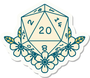 Bir insan tarafından çizilmiş 20 D20 zarının etiketi.