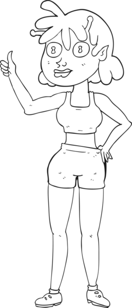 Bir insan tarafından çizilmiş siyah beyaz çizgi film uzaylı spor kızı.