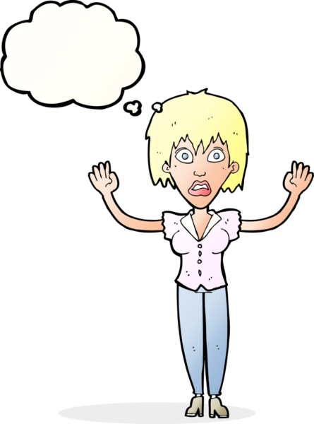 Bir insan tarafından çizilen düşünce baloncuğuyla strese giren çizgi film kadını.