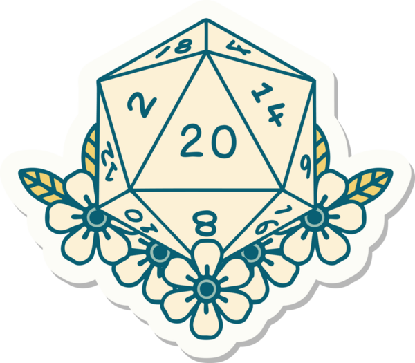 Bir insan tarafından çizilmiş 20 D20 zarının etiketi.
