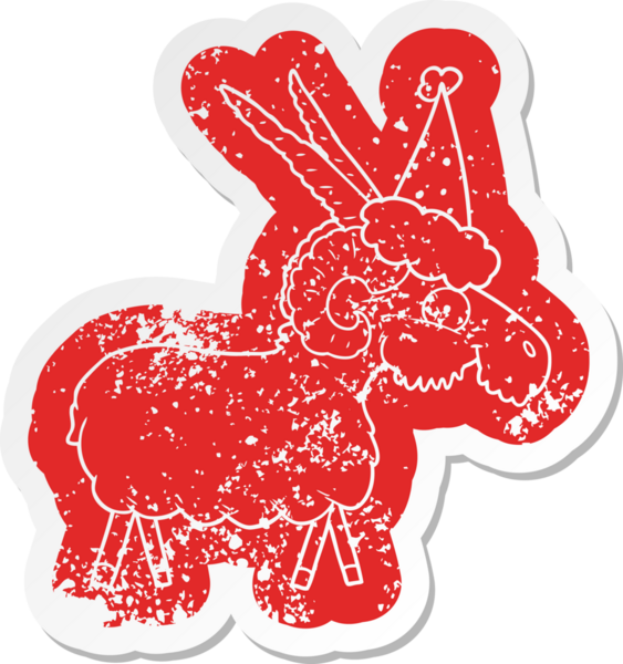 Bir insan tarafından çizilmiş Noel Baba şapkası takan keçi çıkartması.