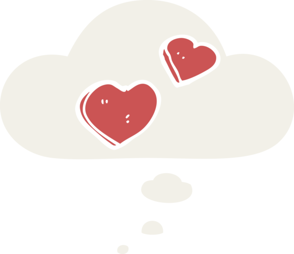 insan tarafından çizilmiş düşünce baloncuklu karikatür aşk kalpleri.