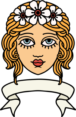 Geleneksel dövmeli kadın yüzü dövmesi ve bir insan tarafından çizilmiş çiçek tacı.