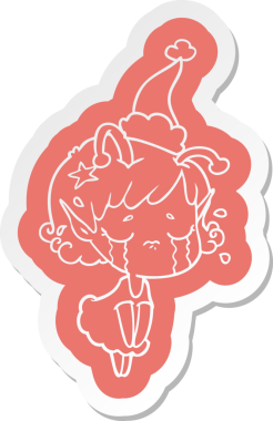 Bir insan tarafından çizilmiş Noel Baba şapkası giyen ağlayan uzaylı bir kızın garip çizgi film etiketi.