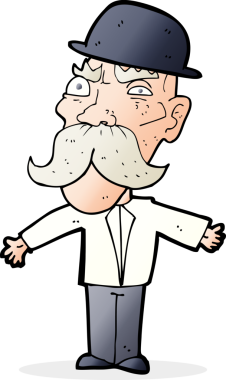 Bir insan tarafından çizilmiş kızgın yaşlı bir İngiliz çizgi filmi.