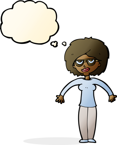 Bir insan tarafından çizilmiş düşünce baloncuğuyla omuz silken çizgi film kadını.