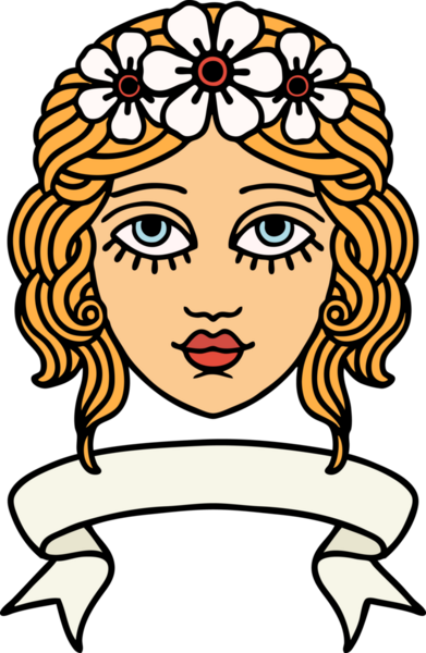 Geleneksel dövmeli kadın yüzü dövmesi ve bir insan tarafından çizilmiş çiçek tacı.