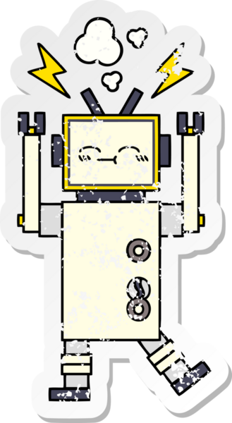 Bir insan tarafından çizilmiş sevimli bir robot çizgi film çıkartması.
