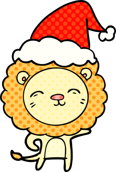 Bir insan tarafından çizilmiş Noel Baba şapkası takan bir aslanın el çizimi çizgi roman tarzı çizimi.