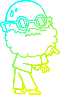 Sakallı ve gözlüklü endişeli bir çizgi film karakteri insan tarafından çizilmiş bir parmağı işaret ediyor.