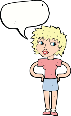 Bir insan tarafından çizilmiş konuşma balonlu elleri olan çizgi film kadını.