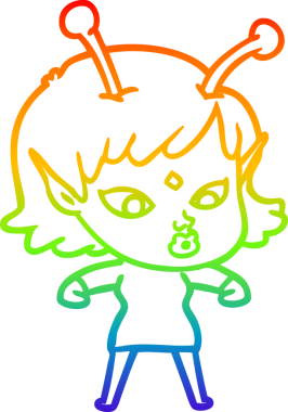 Gökkuşağı gradyan çizgisi bir insan tarafından çizilmiş güzel bir uzaylı kızın çizimi.