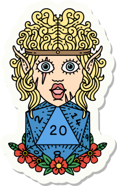 Bir insan tarafından çizilmiş 20 zarlı elf barbar karakterinin çıkartması.