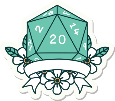 Bir insan tarafından çizilmiş 20 kritik vuruşluk D20 zar etiketi.