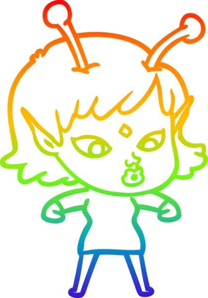 Gökkuşağı gradyan çizgisi bir insan tarafından çizilmiş güzel bir uzaylı kızın çizimi.