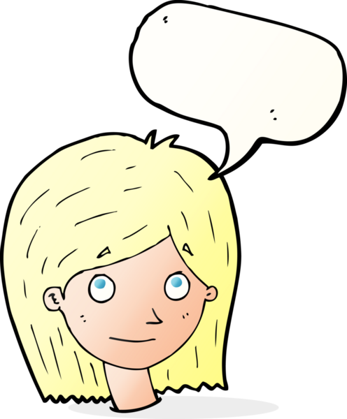 Bir insan tarafından çizilmiş konuşma balonlu mutlu kadın yüzü.