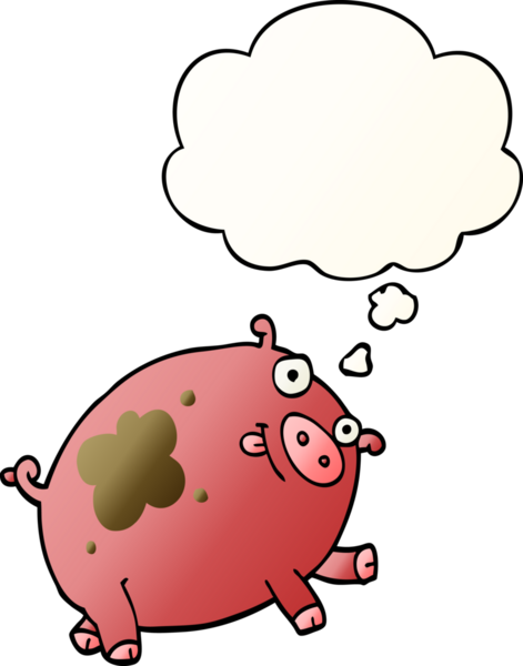 Bir insan tarafından çizilmiş, düşünce baloncuklu çizgi film domuzu.