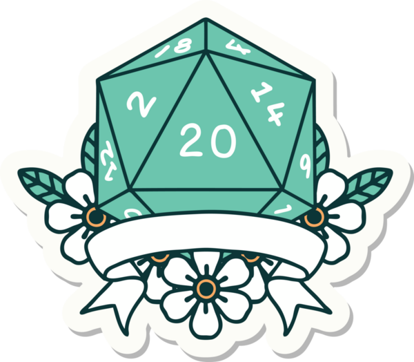 Bir insan tarafından çizilmiş 20 kritik vuruşluk D20 zar etiketi.