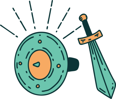 Geleneksel bir dövme stili kalkanı ve bir insan tarafından çizilmiş kılıç.