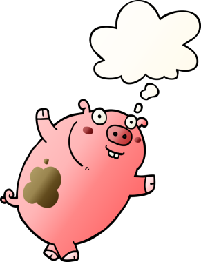 Düşünce baloncuklu komik çizgi film domuzu bir insan tarafından çizilmiş.