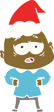 Bir insan tarafından çizilmiş Noel Baba şapkası giyen yorgun ve kel bir adamın düz bir resmi.