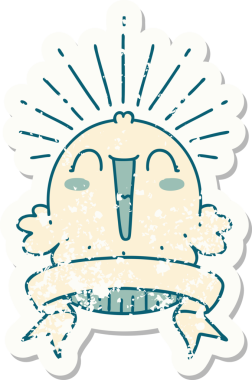 Dövme stili eski bir çıkartma. Bir insan tarafından çizilmiş mutlu şarkı söyleyen kek.