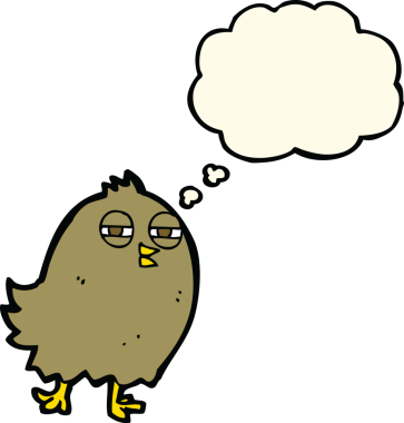 Bir insan tarafından çizilmiş düşünce baloncuklu komik çizgi film kuşu.