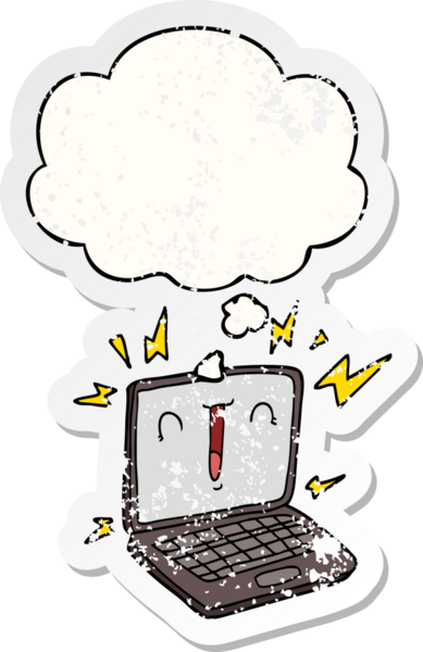 Düşünce baloncuklu çizgi film dizüstü bilgisayarı bir insan tarafından çizilmiş yıpranmış bir çıkartma.