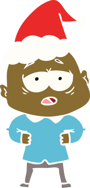 Bir insan tarafından çizilmiş Noel Baba şapkası giyen yorgun ve kel bir adamın düz bir resmi.