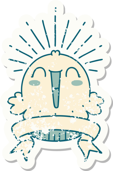 Dövme stili eski bir çıkartma. Bir insan tarafından çizilmiş mutlu şarkı söyleyen kek.