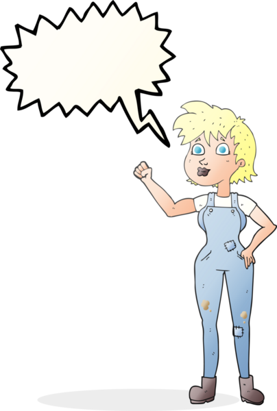 Serbest konuşma balonu karikatürü. Kendine güvenen çiftçi kadın bir insan tarafından çizilmiş.