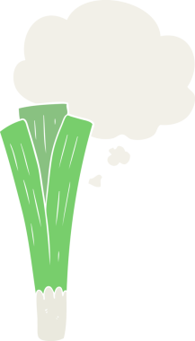 Düşünce baloncuğu olan pırasa çizgi film bir insan tarafından çizilmiş.